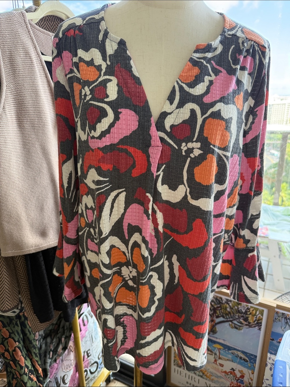 Fred David Floral V-Neck Tunic Top - Black with Pink Orange Red